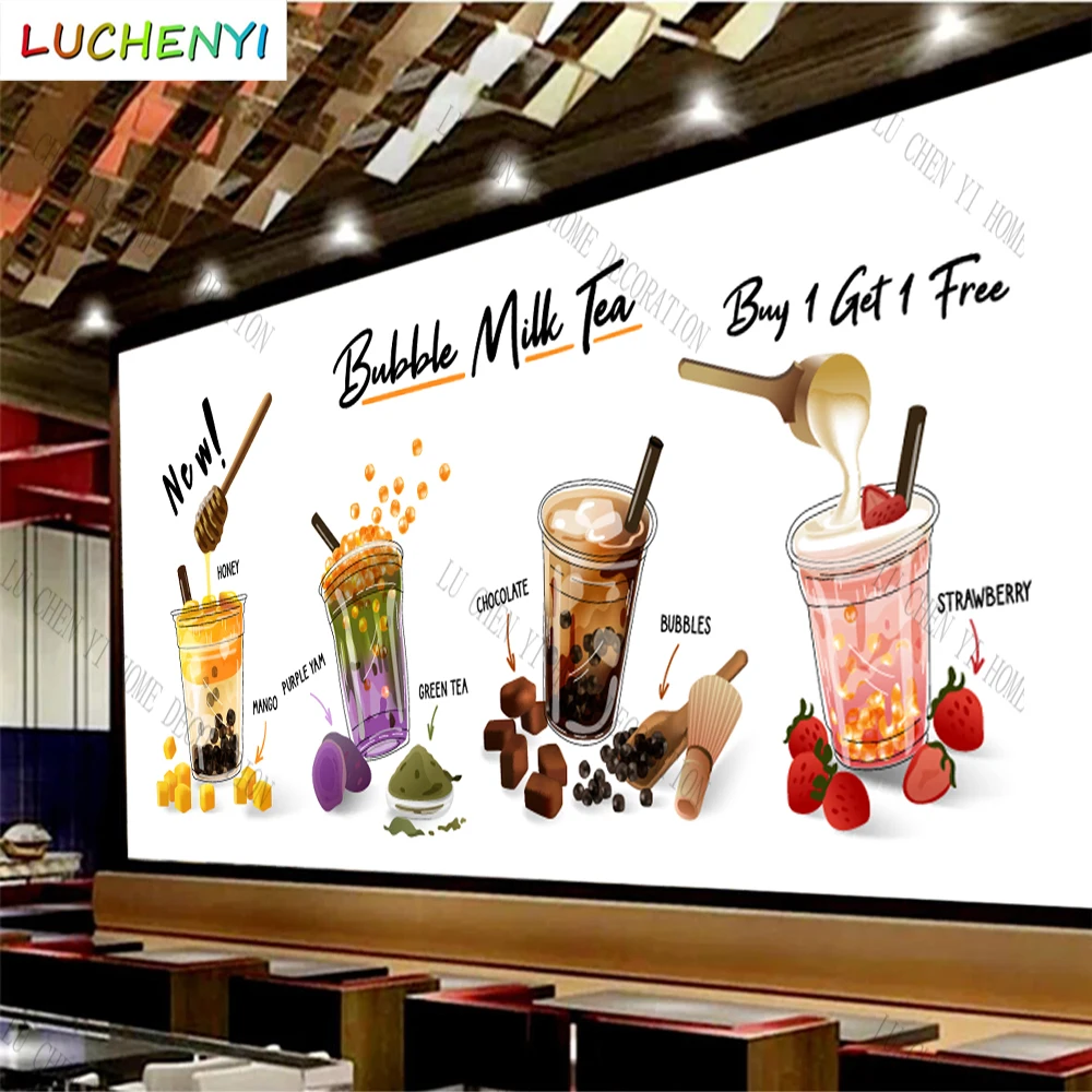 

Custom bubble tea ice cream fruit juice mural wallpaper restaurant cold drinking shop dining room wall papers home decor sticker