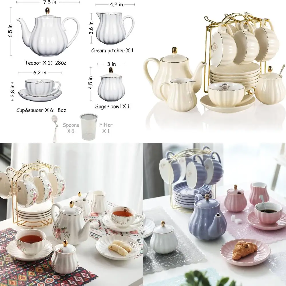 

Royal Porcelain Tea Set for 6 with 8oz Cups, Teapot, Sugar Bowl, Creamer, Strainer - Perfect for High Tea, Weddings, Parties (Be
