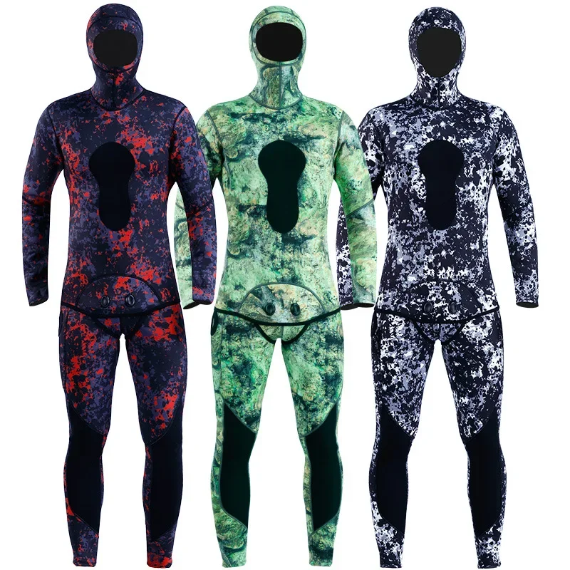 3mm Neoprene Wetsuit Men's Hooded Camouflage Diving Suit Snorkeling Spearfishing 2 Pieces Set Wetsuit Winter Thermal Swimsuit