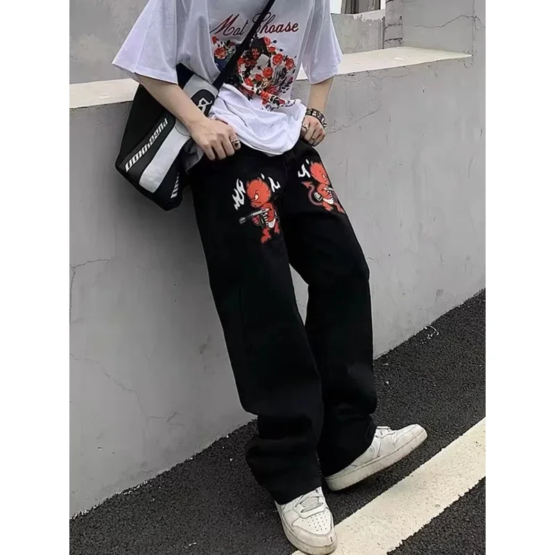 Y2K hip-hop demon print oversized jeans pants men new fashion casual Harajuku Gothic loose straight stacked trousers streetw mn7