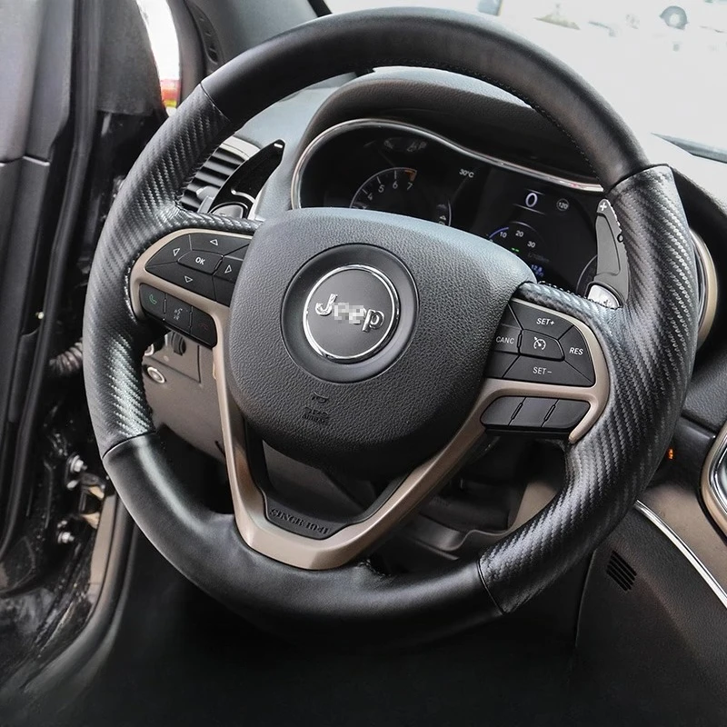 

100% Fit For Grand Cherokee 2014-2020 Hand-stitched black Genuine Leather carbon fiber car steering wheel cover