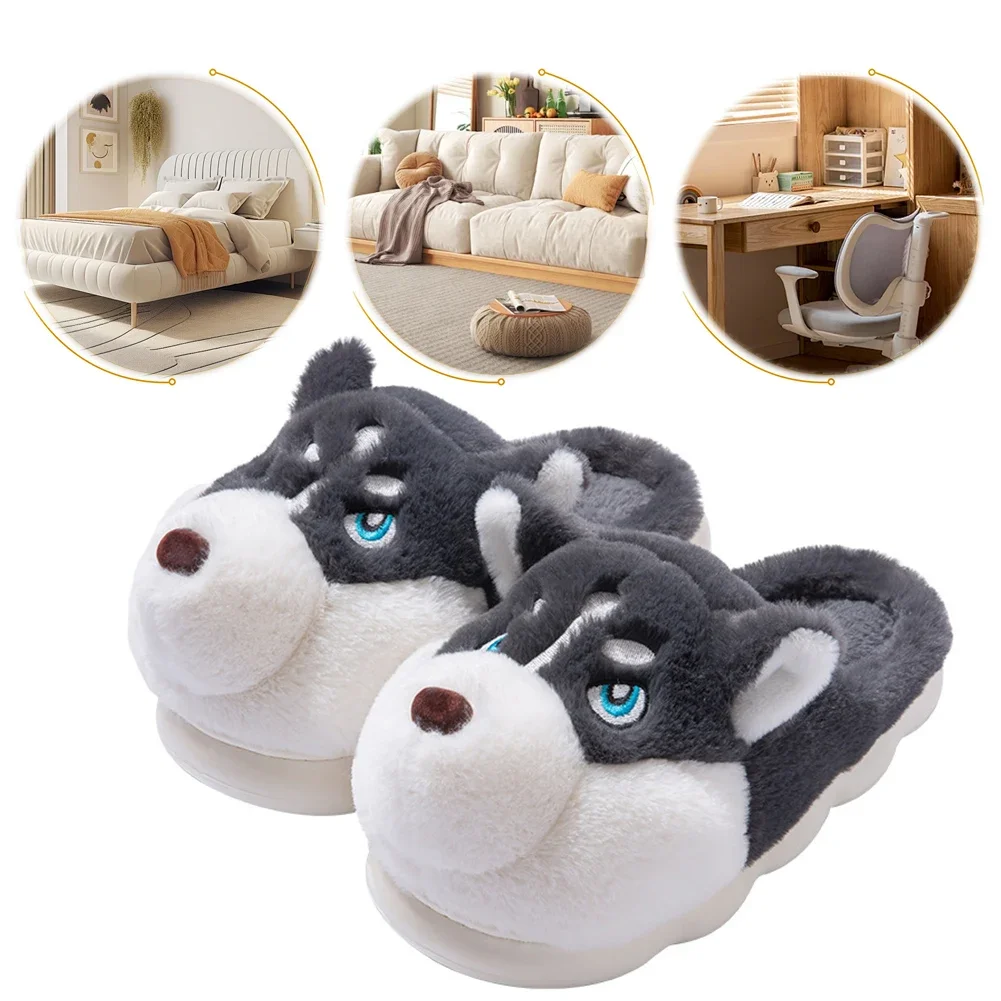 Plush Husky Slippers Flat Thermal Slippers Anti Slip Soft Furry Slippers Comfortable Cartoon Animal Slippers for Indoor Bedroom