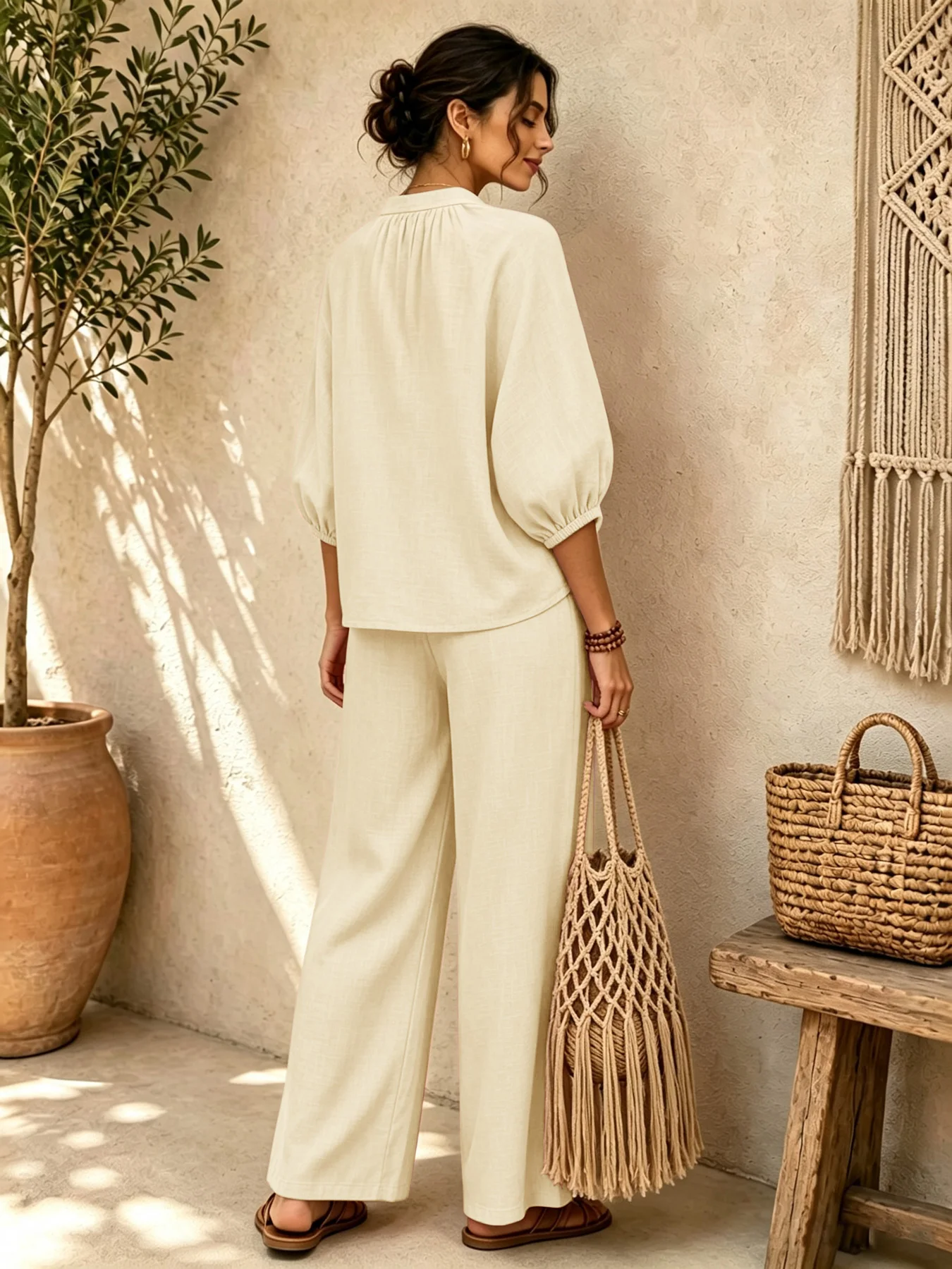 Women Linen Two Piece Set Stand Collar Zip 3/4 Sleeve Top Drawstring Wide Leg Pants Casual Outfit