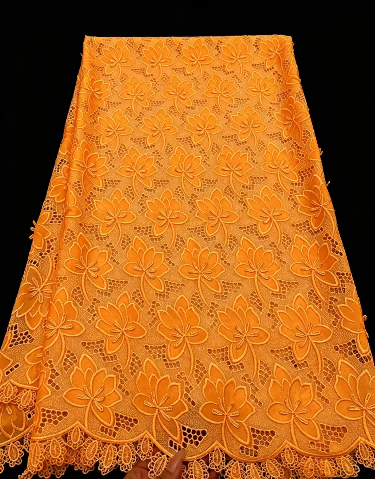 Exclusivo Encaje de Tul con Cordón de Chifón, Encaje Francés Bordado Naranja, Tela de Malla Africana para Vestidos de Boda, de la Más Alta Calidad, 5 yardas M538-1