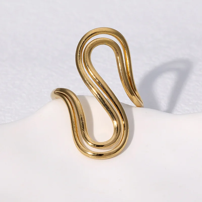 Simple Abstract Wavy Open Ring Gold and Silver Shiny Metal Ring Trendy Personalized Jewelry for Women for Daily Dating Wear