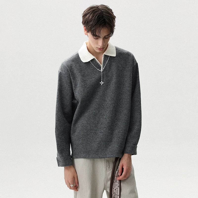 LUZHEN Fashion Elegant Temperament Color Contrast Neck Long Sleeve Sweatshirt Men 2025 Autumn High Quality Pullover Tops JY3741