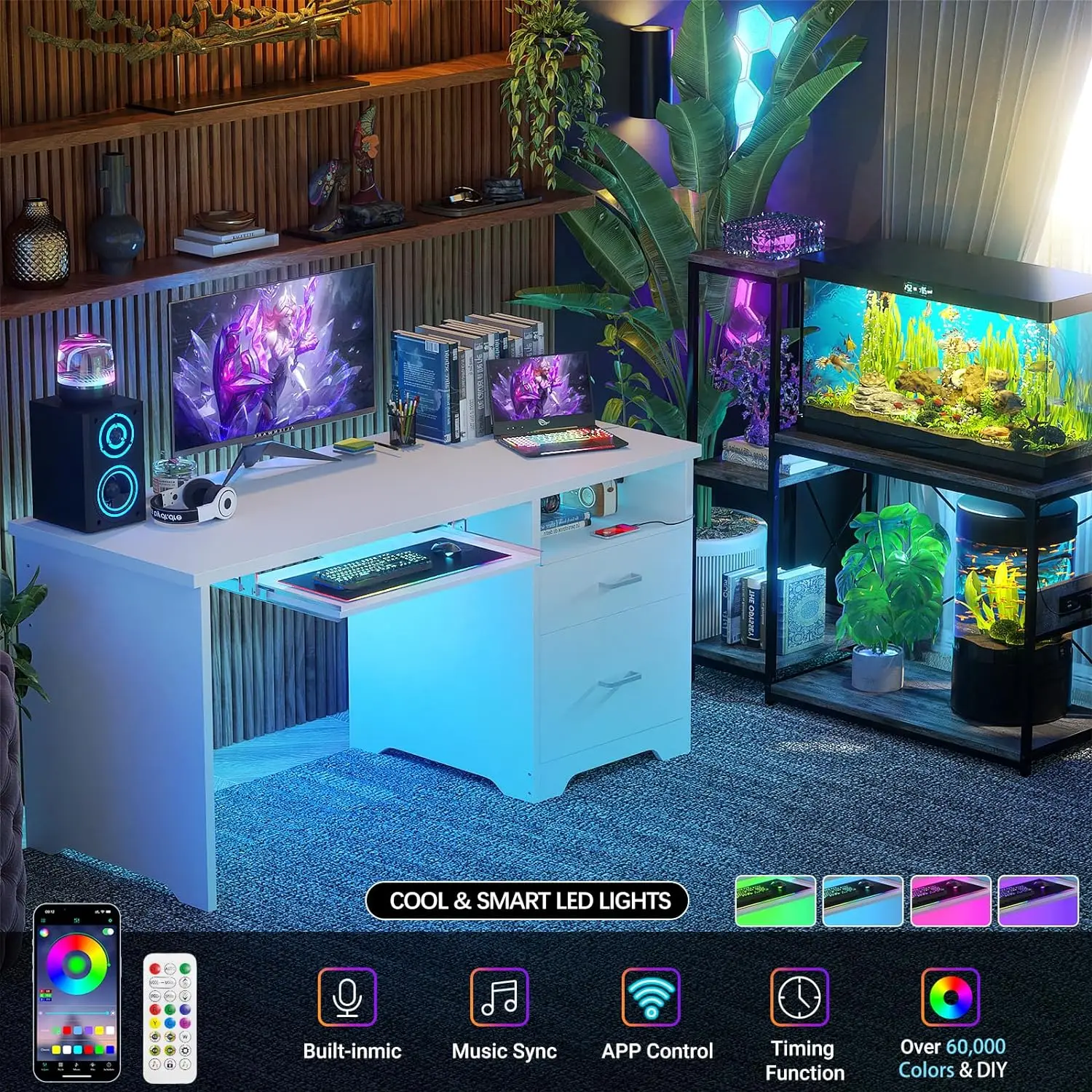 Reversible Computer Desk with File Drawers, 55 Inch Office Desk with RGB LED Light and Power Outlet, Sturdy Writing Des