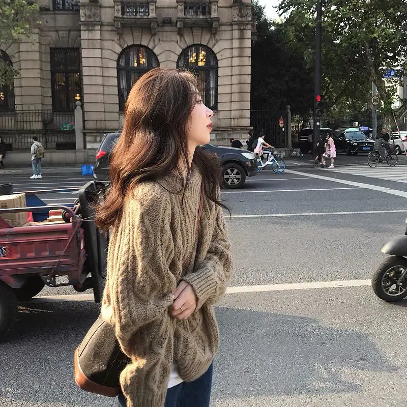 Brown Korea Sweater Pullover Women Round Neck Tops Loose Streetwear Retro Basic Model Autumn And Winter Fashion