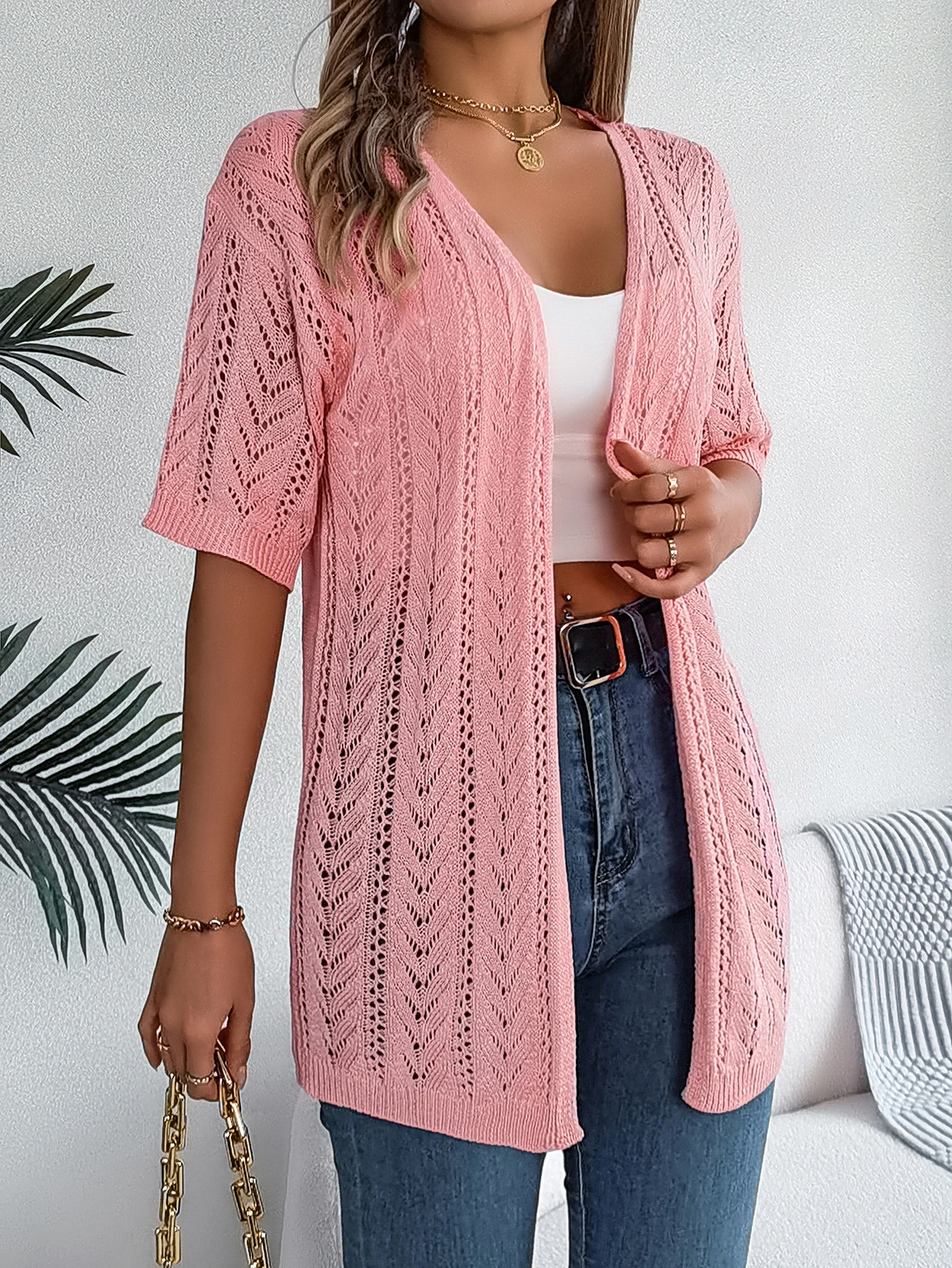 Spring and Summer Elegant Knitted Cardigan Hollow Out Short Sleeved Sun Proof Tops for Women