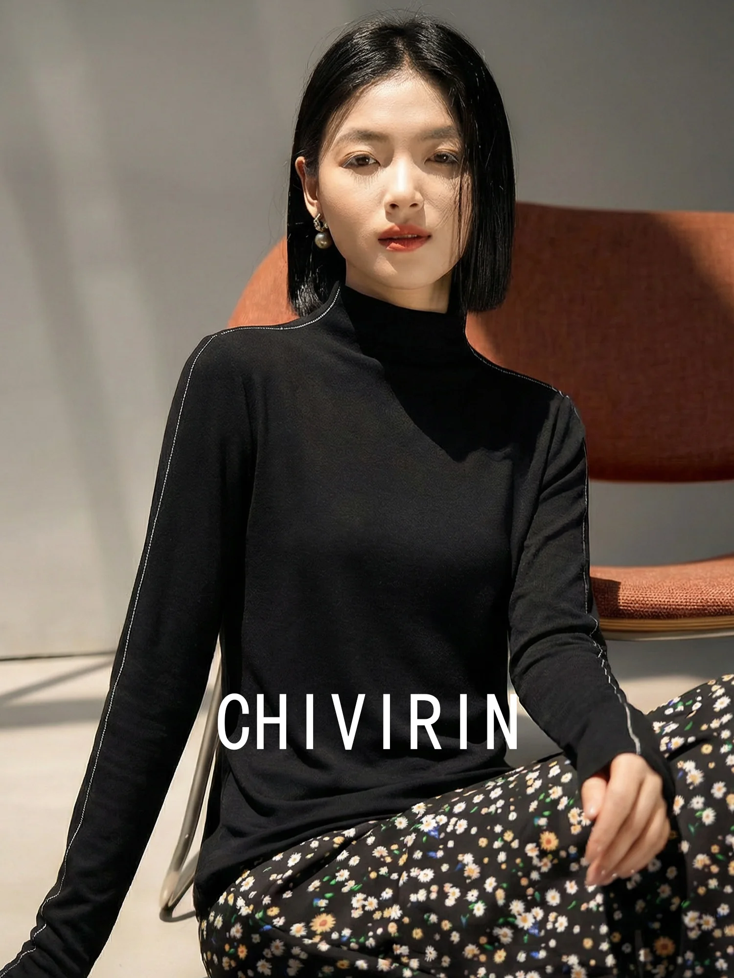 

Chivirin 2026 Spring New Sle Bla High Collar Long Sve Women's Slim Fit T-irt Base irt Simple High End Feeling Top