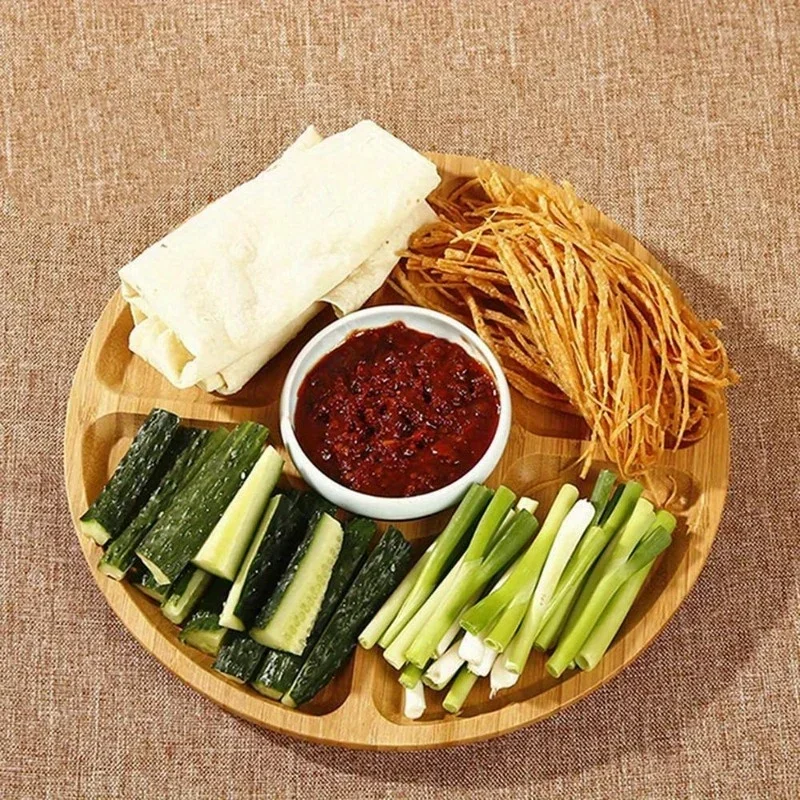 Bandejas de madera divididas para servir, bandeja de fruta de bambú con 5 compartimentos, bandeja redonda para servir para platos de fiesta, aperitivos, frutas secas