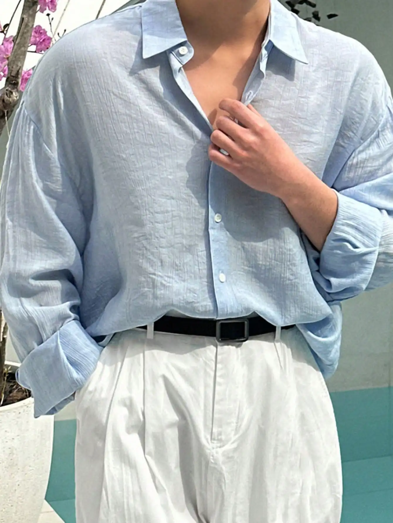 

Men's Light Blue Textured Linen-Style Casual Shirt, Spring Summer