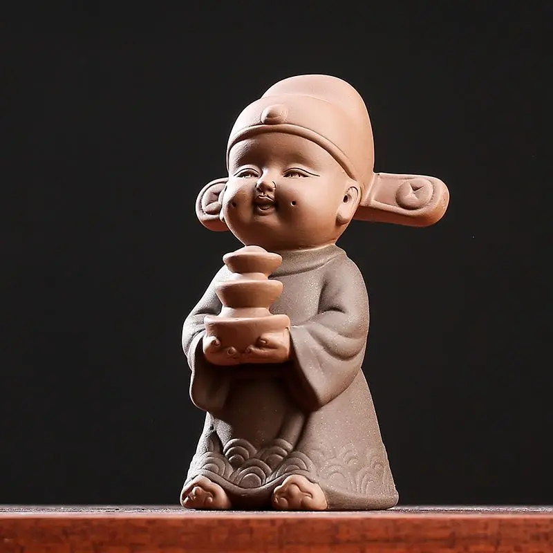 

Creative Purple Sand Tea Pet Ornaments Handmade Character Wangcai Boy Room Bogu Rack Table Decorations Tea Ceremony