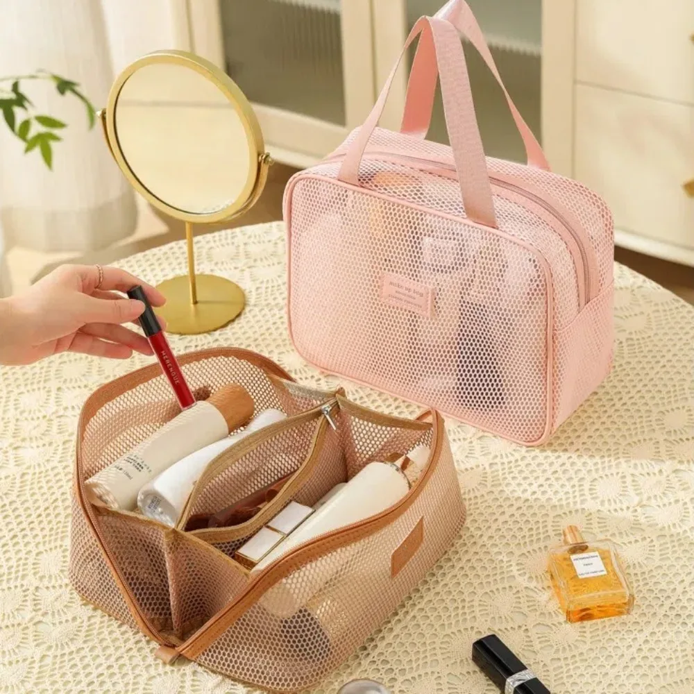 Durable Solid Color Mesh Cosmetic Bag Space Saving Large Capacity Makeup Pouch Lightweight Toiletry Storage Handbag for Outdoor