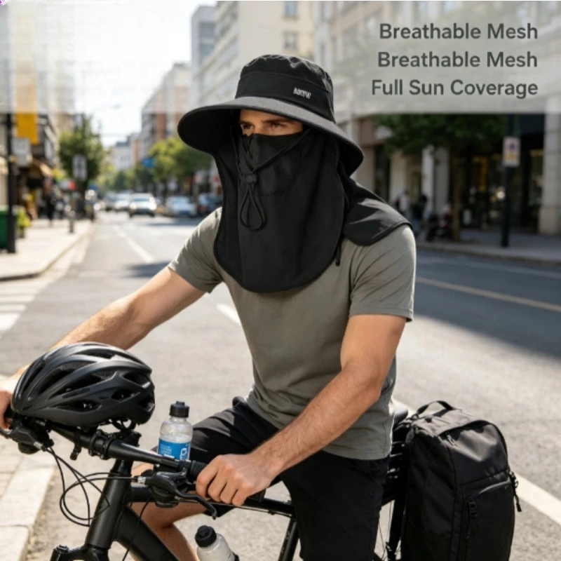 Summer All-in-One Sun Hat with Face Neck Cover Breathable Hole Outdoor Bucket Hat Full Face UV Protection Shawl Sun Cap