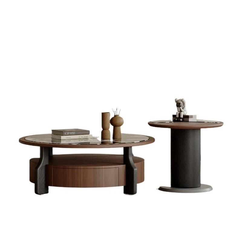 

Living room coffee table combination high-end light luxury round walnut coffee table