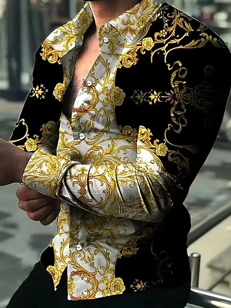 Men's Full Sleeve Shirt Versatile Golden Floral 3D Print Shirt Men Women Fashion Hawaiian Shirt Breathable Blouse Elegant Luxury