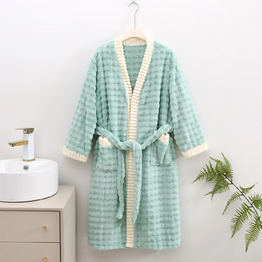 Wave Cloud Pattern Soft Absorbent Coral Velvet Bathrobe Women Winter Warm Robe Bath Robe Nightgown Home Clothes