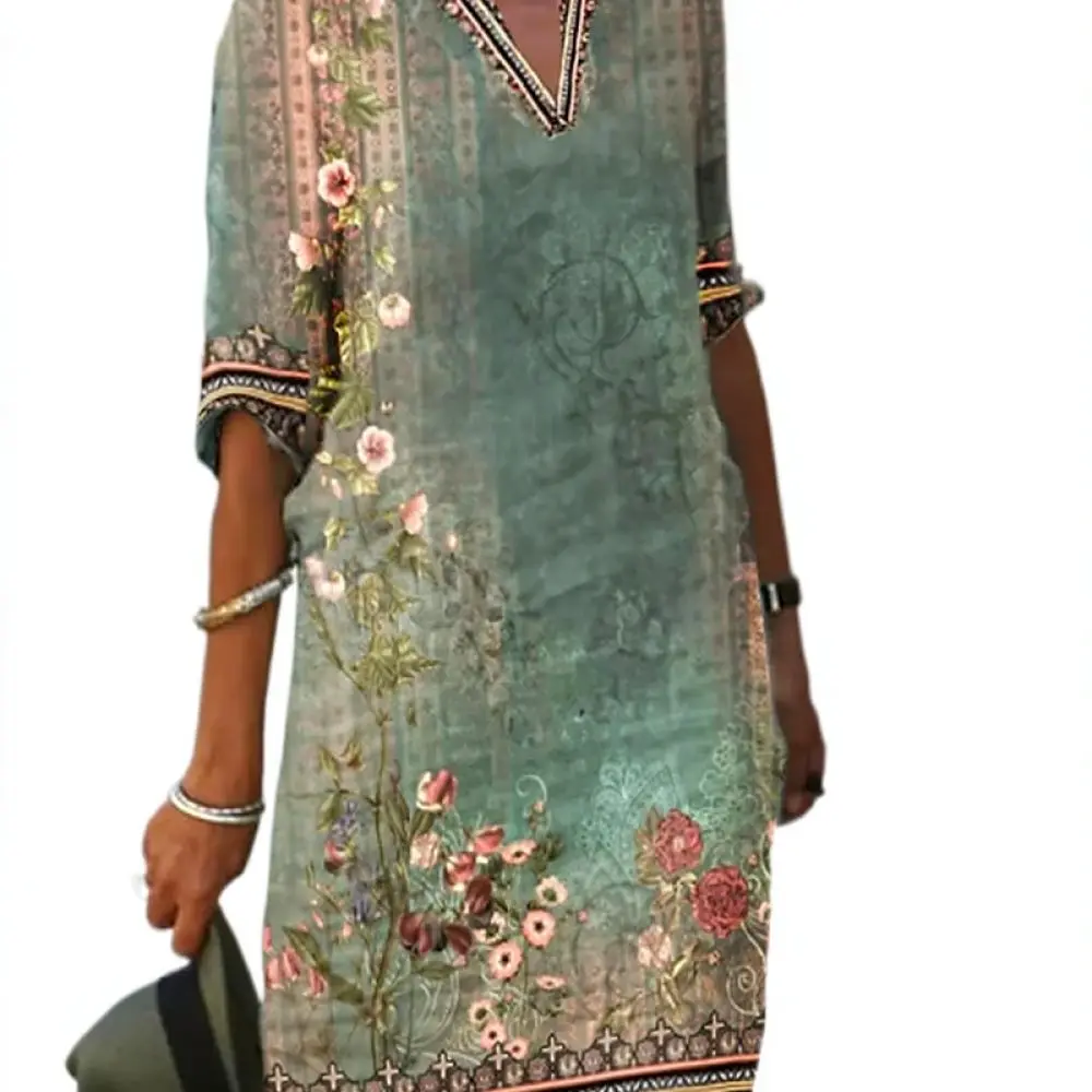 Bohemian Womens Summer Dress Floral Print V Neck Short Sleeve Long Dresses Casual Loose Fashion Beach Holiday Outfits