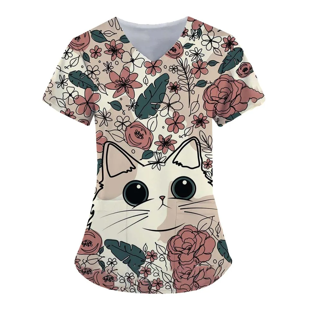 Surgical Uniforms Woman Animal Cute Cat Print Fashion V-Neck Dental Nurse Microelastic Short Sleeve Vet Clinical Uniform Woman