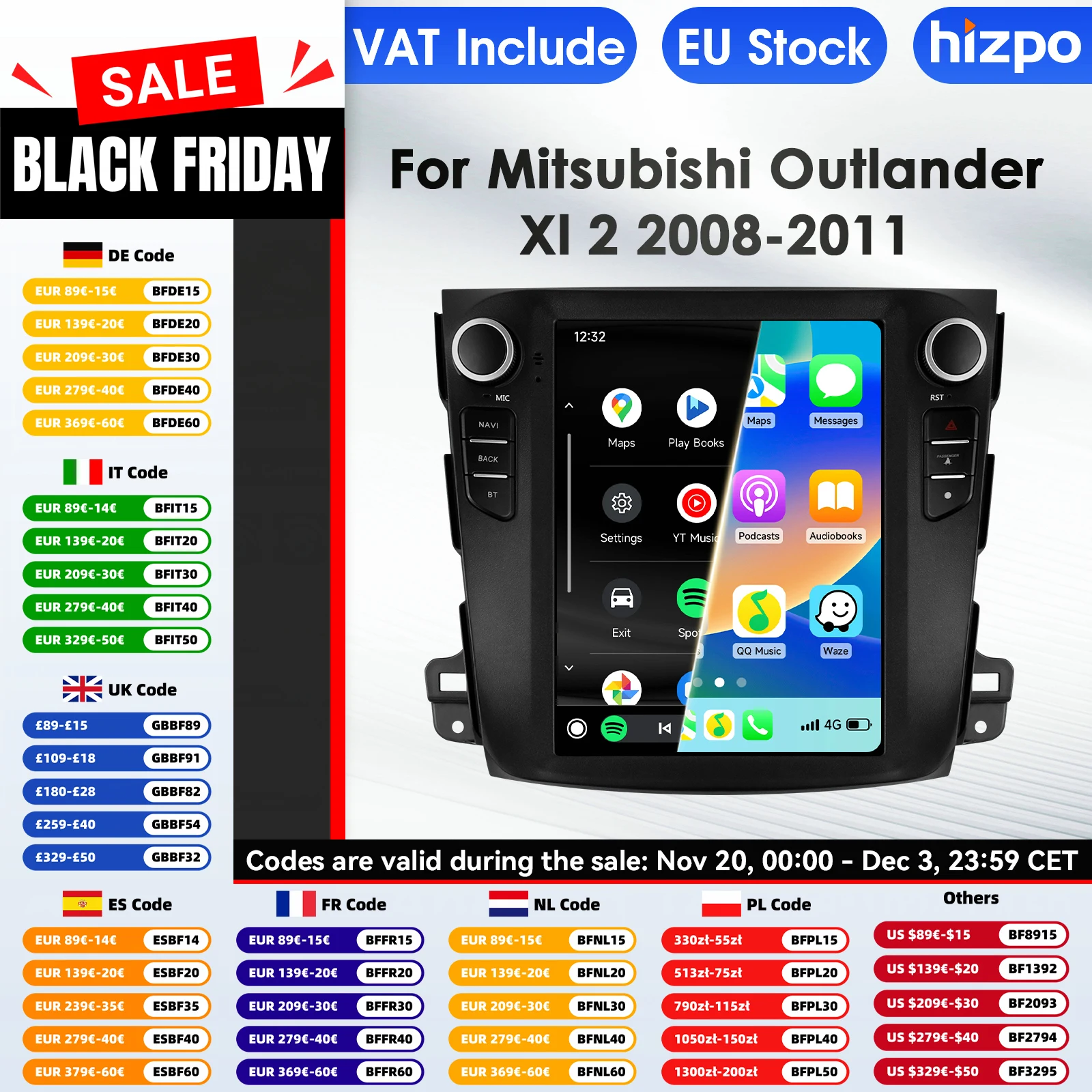 Hizpo 9,7 Radio de coche para Mitsubishi Outlander Xl 2 2008-2013 reproductor Multimedia de Audio CarPlay Android Auto GPS WIFI RDS Autoradio