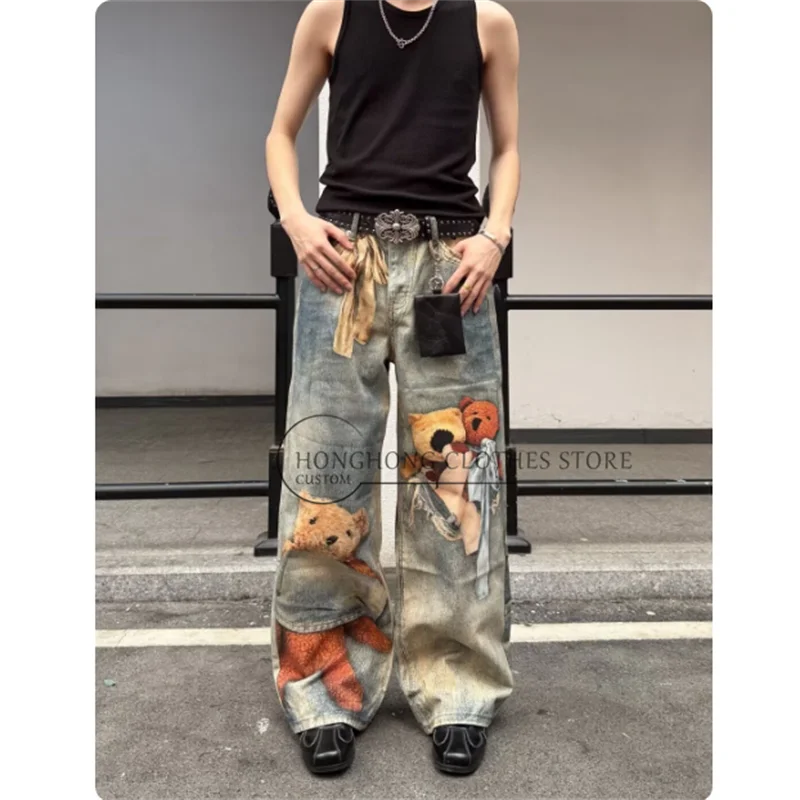 Pantalones vaqueros estilo americano vintage con estampado de oso, lavados y desgastados - pantalones de pierna ancha holgados y modernos para hombre y mujer
