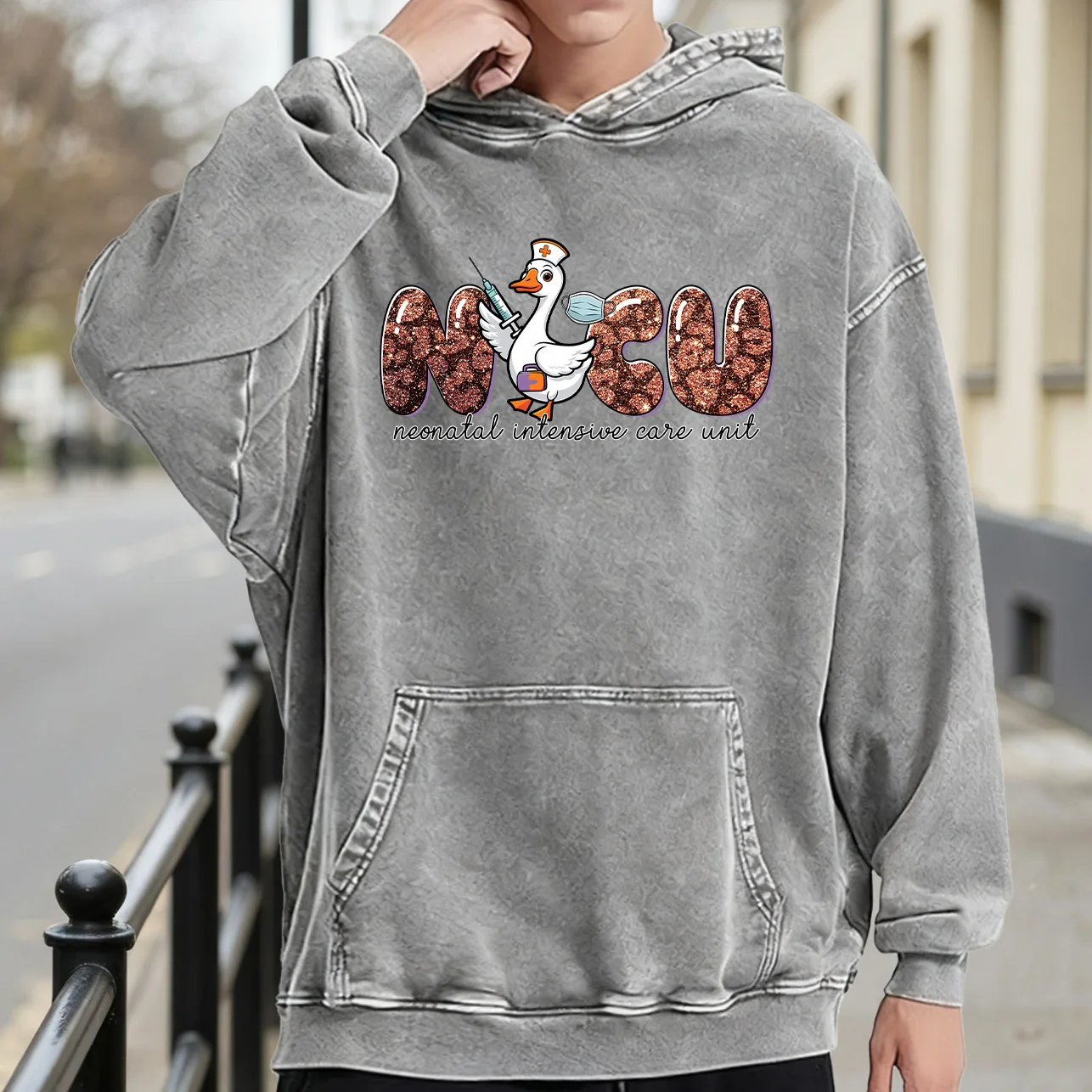 سترة بغطاء للرأس برسومات مغسولة كلاسيكية للرجال من Nurse Goose، بلوفر ريترو متعثر، سويت شيرت كاجوال ملابس الشارع