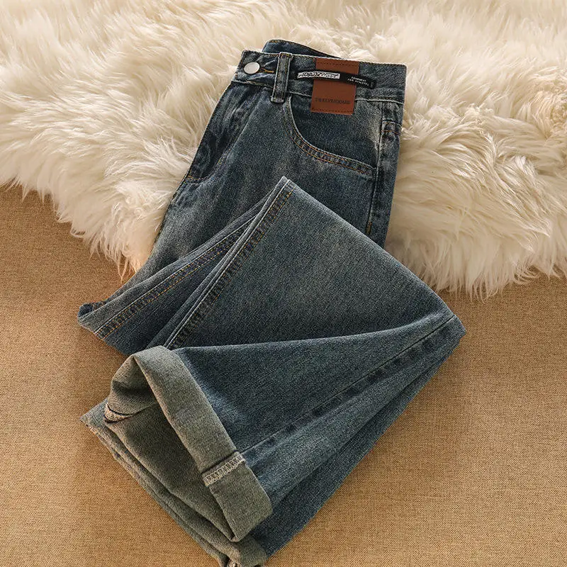 

High Waist Wide Leg Loose Fit Denim Jeans Women's Spring Autumn Meat Concealing Large Size Faion Design Leather Label