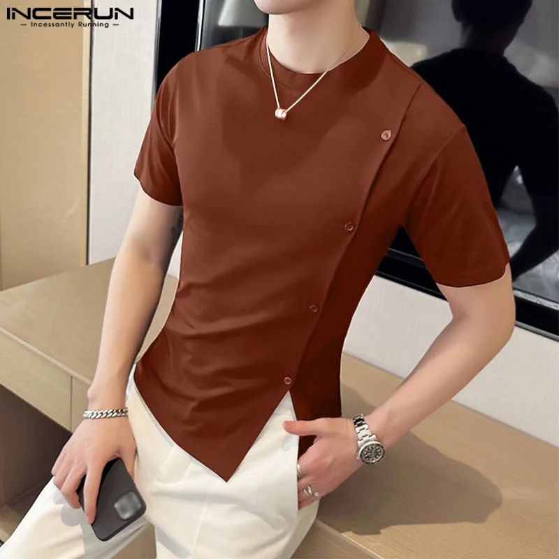 2024 Men T Shirt Solid Color O-neck Short Sleeve Button Casual Men Clothing Streetwear Summer Korean Leisure Tee Tops INCERUN