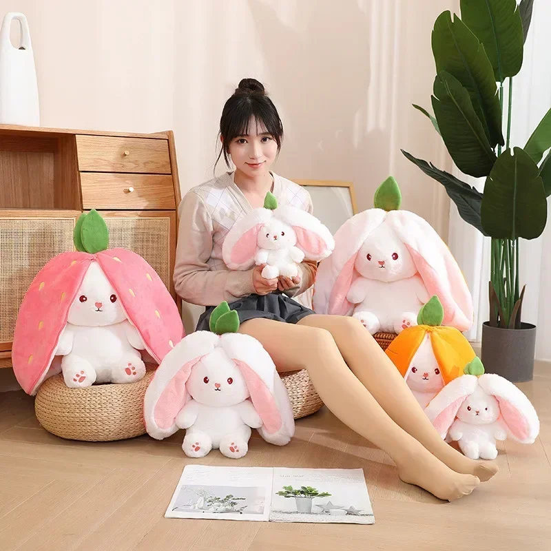 Funny Joy Kawaii Fruit Bunny Plush Toy Cute Carrot Strawberry Turn Into Rabbit Plush Toy Kids Birthday Christmas Gift