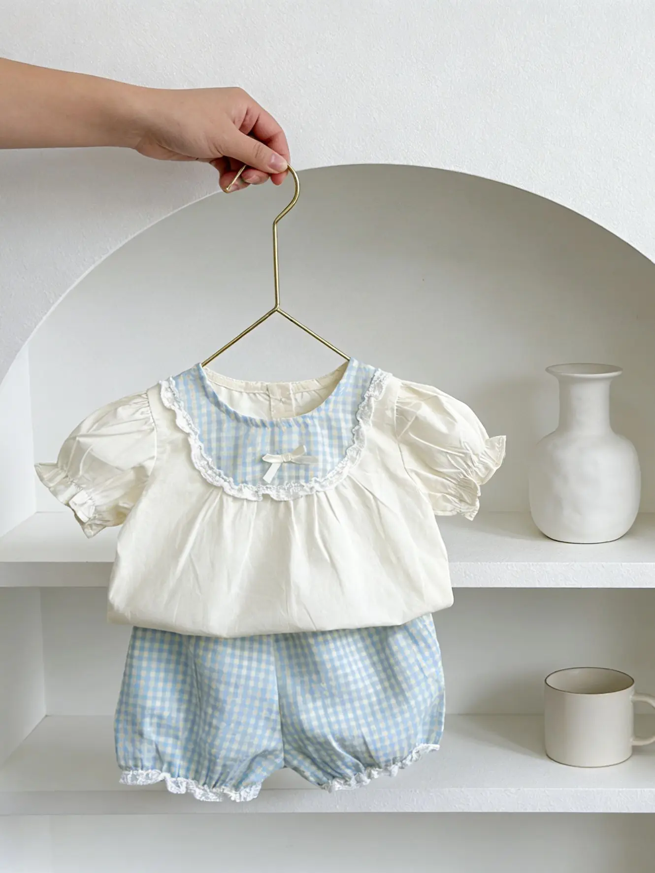 Summer Girl's Tartan Print Two-Piece Set: Color-Block Ruffled Sleeve Top with Lace Trim and Shorts
