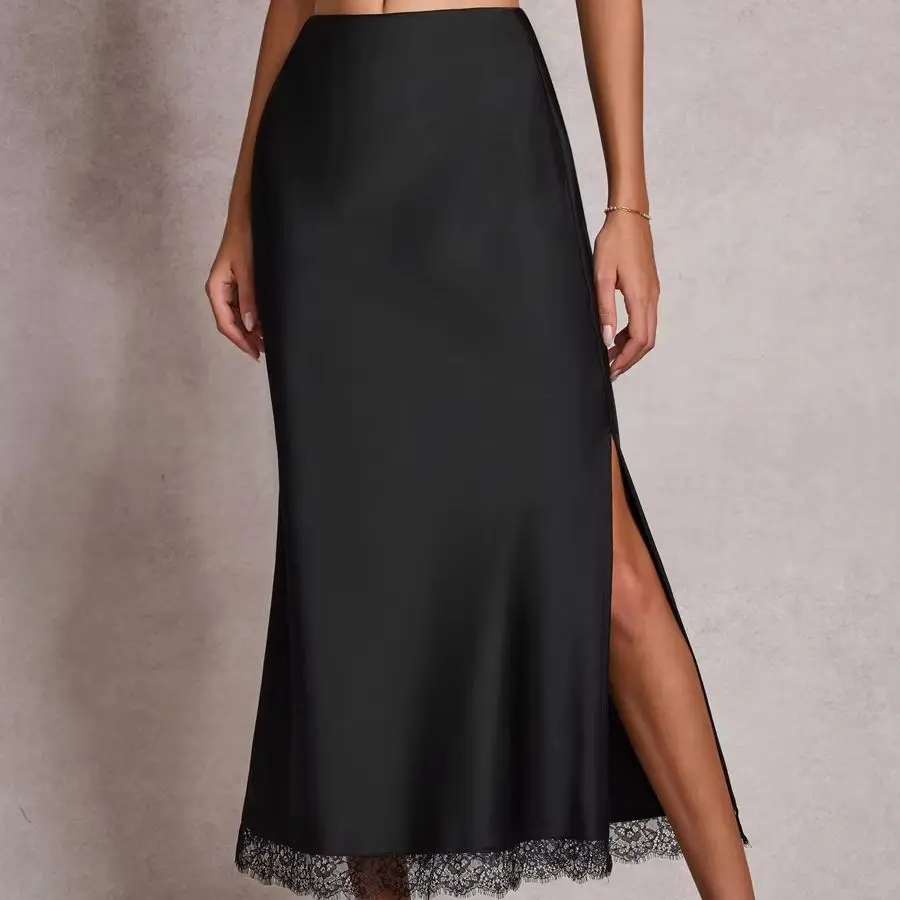 Women's Satin Halterneck Mini Skirt with Lace Slit High Waist Elastic Sexy Bodycon Long Skirt European Style юбка женская
