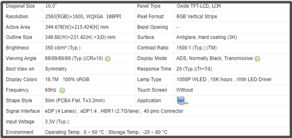 NE160QDM-N62 NE160QDM N62 16.0 inch LCD LED Screen Display IPS Panel QHD 2560x1600 60Hz EDP 40pins Non-touch