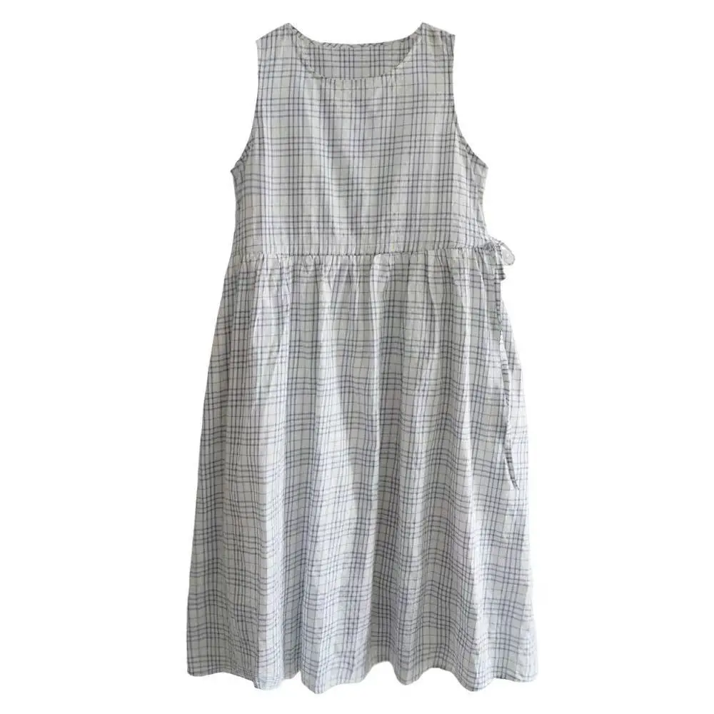 

2025 New Arrival Sleeveless Print Plaid Vintage Summer Tank Dress Office Lady Cotton Long Dress Fashion Women Casual Dress N682
