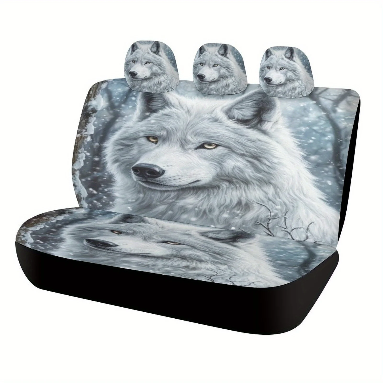 White Wolf In Snow Themed Car Seat Cover Set For Most Cars, Fashion Novelty Car Seat Protector Covers Full Set, Universal Car Se