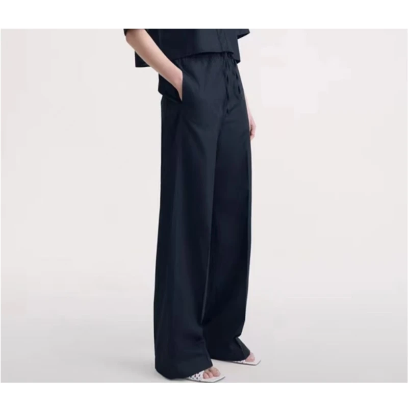 

Nordic TT deep blue cotton high waisted drawstring women's elastic waist commuting casual straight leg pants