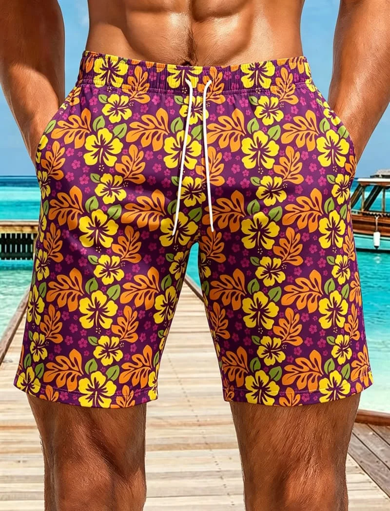 Men's Fusang flower printed quick drying beach shorts, a tropical island style item suitable for all summer scenes