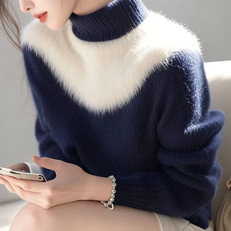 

Autumn Winter Women Sweater Korean Fashion Mock Neck Solid Patchwork Contrast Color Loose Loog Sleeve Pullovers Knitted Tops