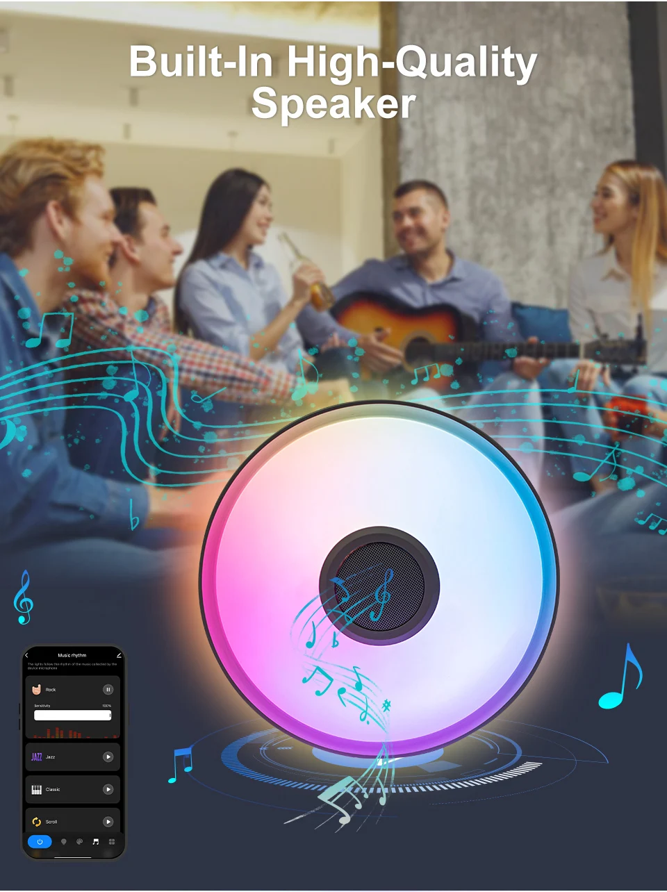 Intelligente RGB LED-Deckenleuchte mit Bluetooth-Lautsprecher Tuya APP Fernbedienung Dimmbare Moderne Musikleuchte für Wohnzimmer Schlafzimmer – Detail 4