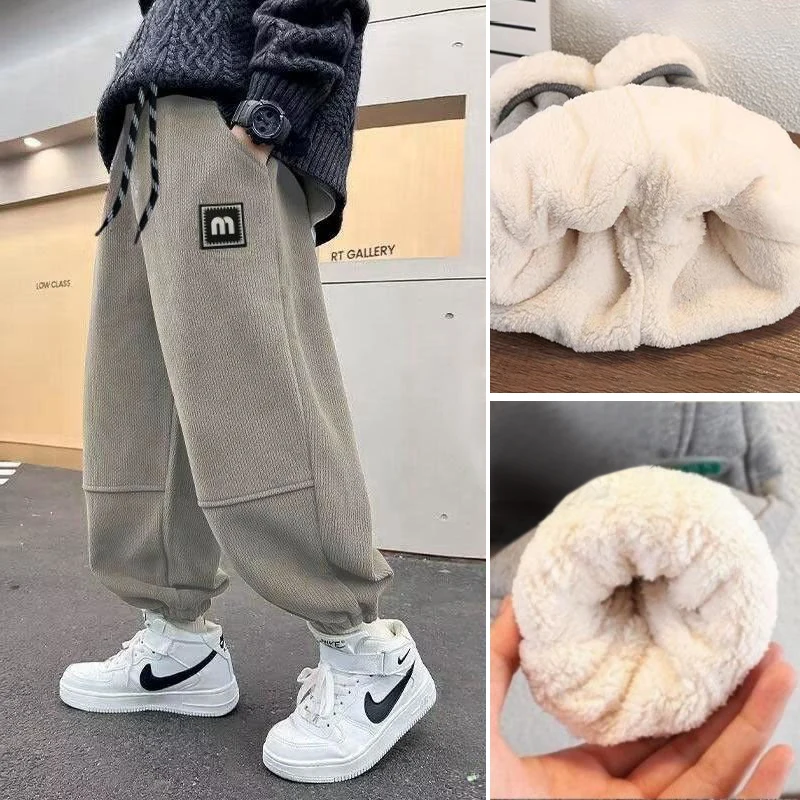 الشتاء الفتيان صوف الضأن بناطيل تدفئة الأطفال موضة خطابات سميكة أفخم Sweatpants المراهقين مبطن بناطيل كاجوال لمدة 5-14 سنة