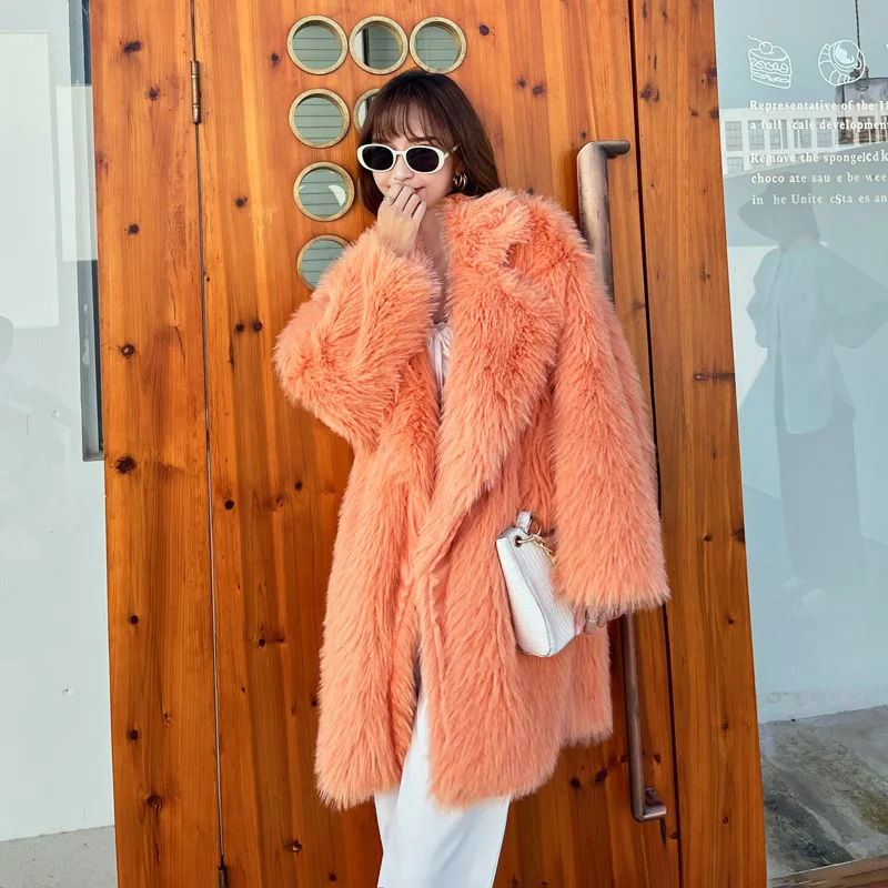 Women Imitation Fox Faux Montage Jacket Lapbel Female Loose Medium Long Coat Elegant Thermal High Street Plush Coats Winter