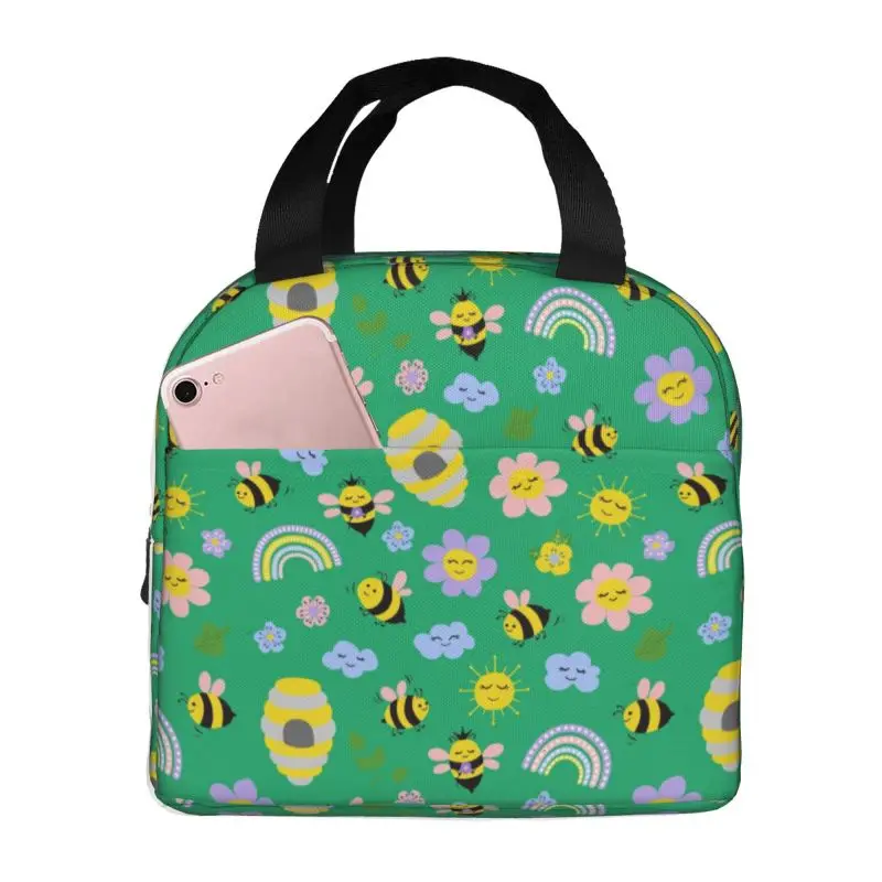 Custom Cute Bees Flowers Thermal Insulated Lunch Bag Women Lunch Container for Outdoor Camping Travel Storage Food Bento Box