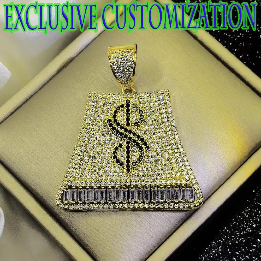 New fashionable hip-hop trendy brand necklace with gemstone inlaid money bag pendant, 18K gold plating, trendy decoration