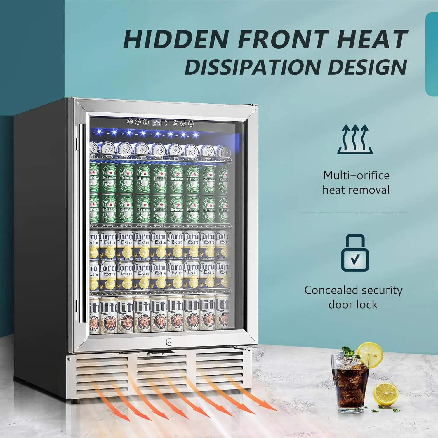 EUHOMY-refrigerador de bebidas de 24 pulgadas, refrigerador de bebidas integrado de 180 latas, refrigerador de cerveza debajo de la encimera con puerta de vidrio para refrescos