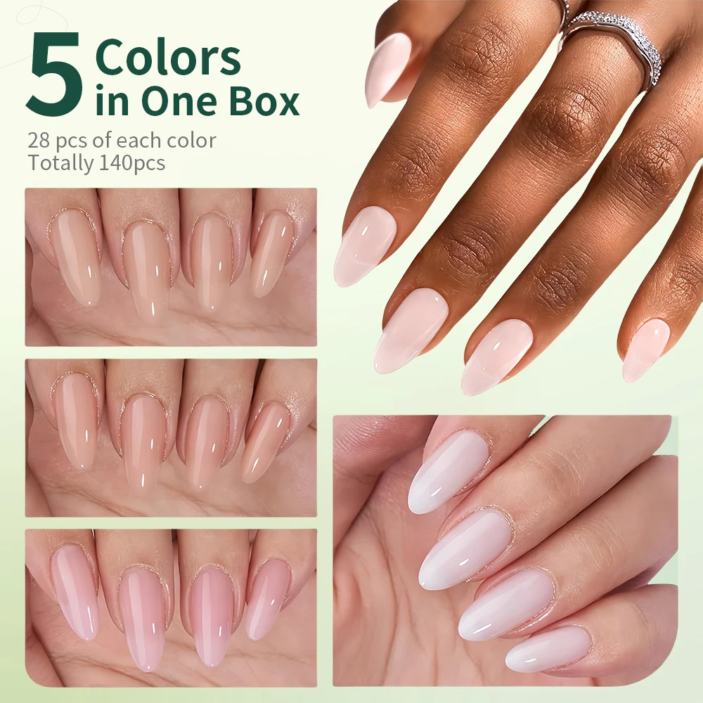 NAILPOP 140 Stück nackte natürliche Gelnägel, 14 Größen, vorgefärbtes weiches Gel, falsche Nagelspitzen, Soak Off-Acryl-Kunstnägel, Verlängerungen, Salon – Detail 19