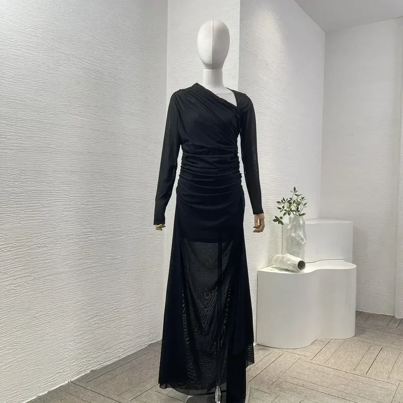 

High Quality Pleated Design 2024 New Women Autumn Irregular Neckline Black Long Sleeve Graceful Maxi Dress