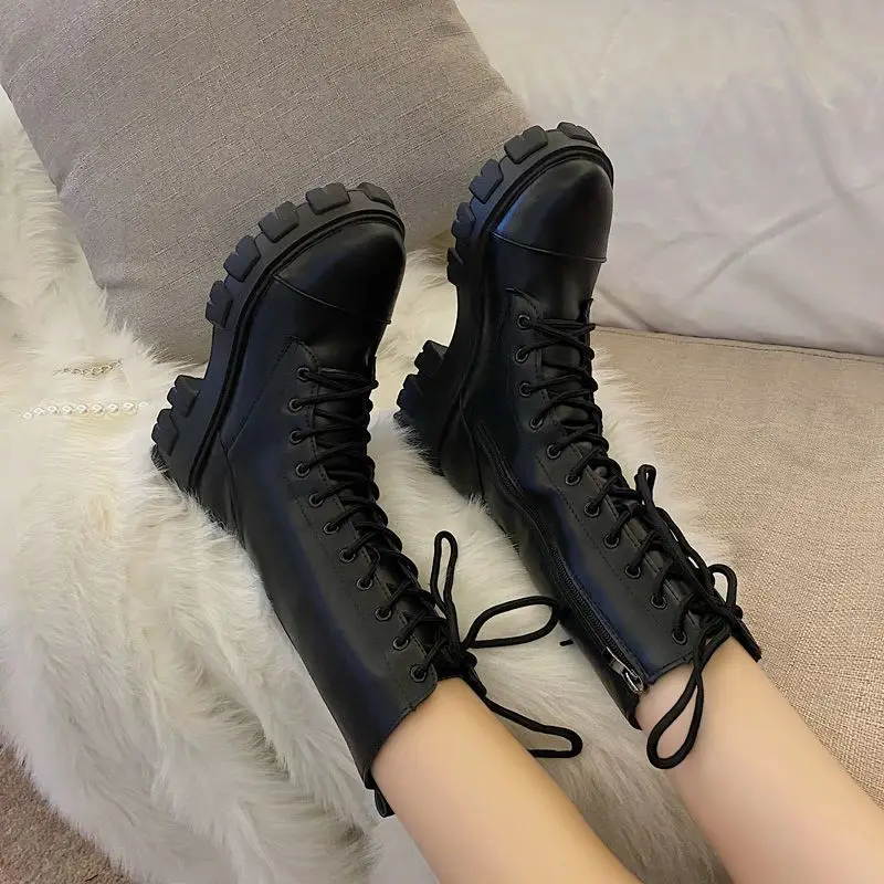 Footwear Round Toe Shoes for Women Black Mid Calf Ladies Boots Half High Biker Spring 2024 New Gyaru Boot on Promotion Pu Goth