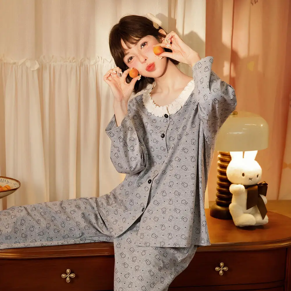 

Женские пижамы Miffy с длинными рукавами из чистого хлопка, домашняя одежда, милый кардиган с бахромой и принтом, домашняя одежда, подарок, мультяшный и милый