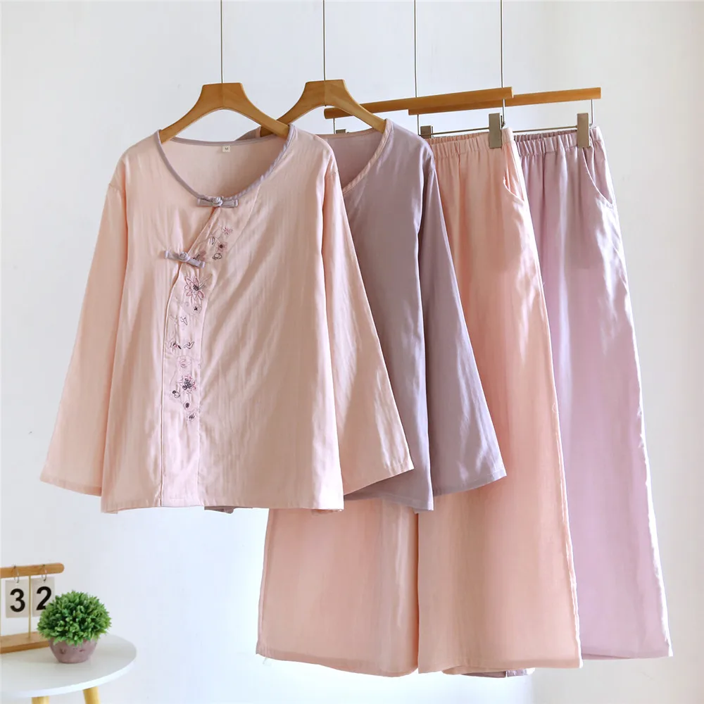 Women's Spring Summer Chinese Embroidery Pajama Set Cotton Long Sleeve Pullover Pants Two Piece Set Home Clothes