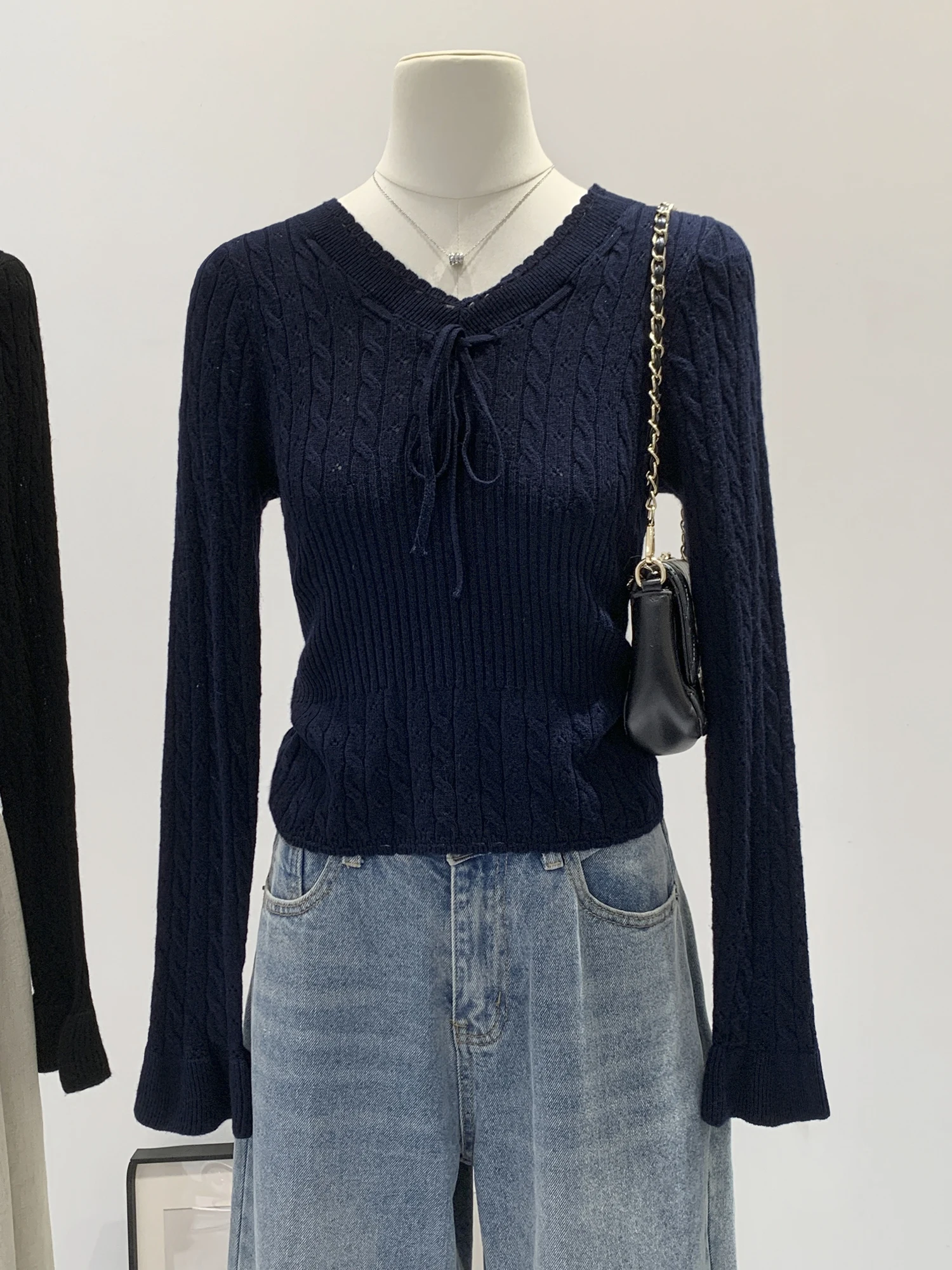 Early Spring Pink Hollow out Knitted Wool Base Layer Top Women's Single Wear Bell Sleeve Sweater Design Sense Beautiful view 3